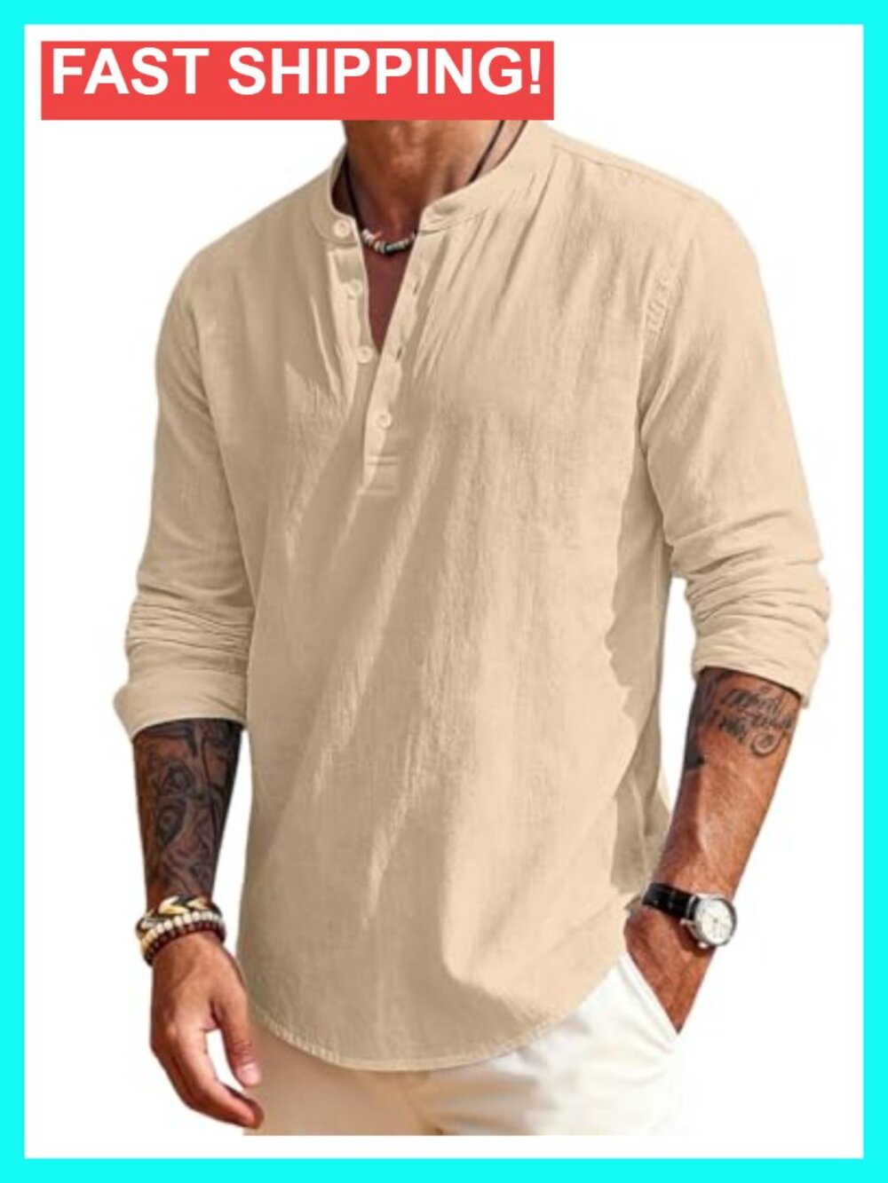Linen Henley Long Sleeve Casual Button Down Shirt